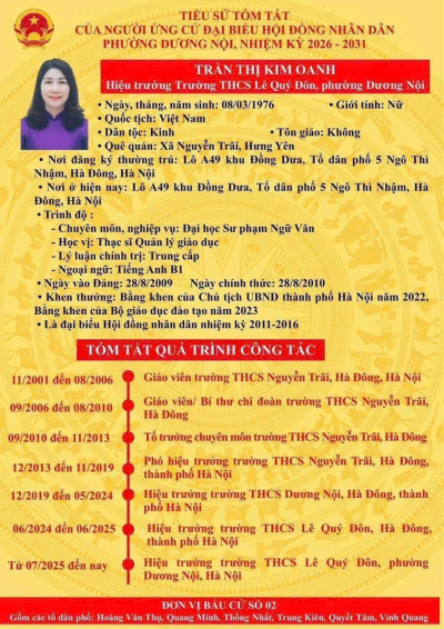 ĐỒNG CHÍ TRẦN THỊ KIM OANH TRÚNG CỬ ĐẠI BIỂU HĐND PHƯỜNG DƯƠNG NỘI NHIỆM KÌ 2026 - 2031