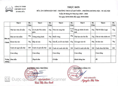 KẾ HOẠCH TỔ CHỨC VÒNG THI CHUNG KẾT VIOEDU CẤP TRƯỜNG NĂM HỌC 2025-2026 - THỰC ĐƠN BÁN TRÚ TUẦN 20