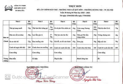 THỰC ĐƠN BÁN TRÚ TUẦN 30