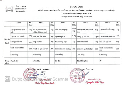 THỰC ĐƠN BÁN TRÚ TUẦN 31