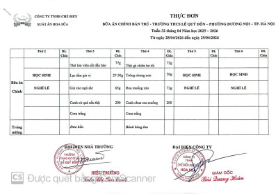 THỰC ĐƠN BÁN TRÚ TUẦN 32