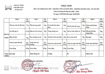 THỰC ĐƠN BÁN TRÚ TUẦN 34