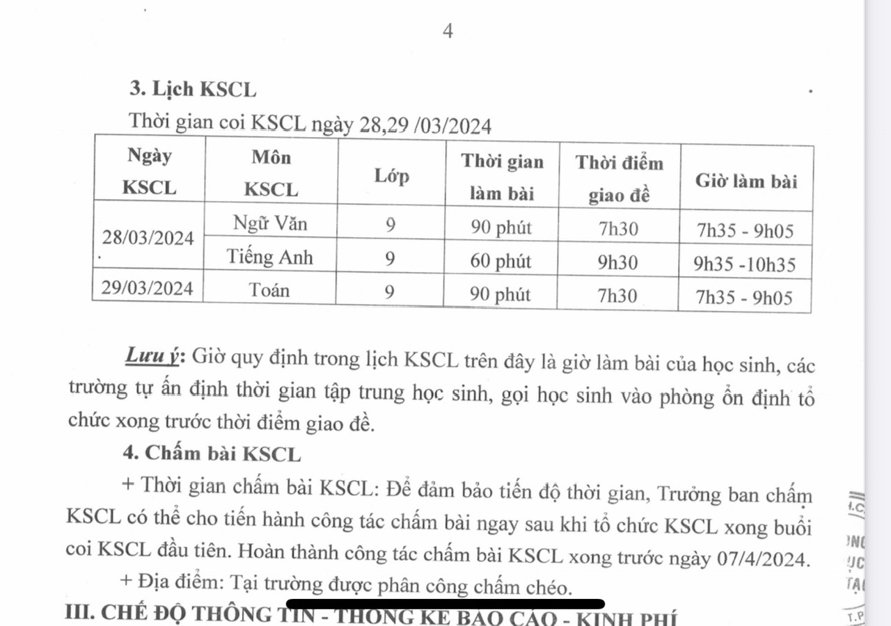 LỊCH THI KHÁO SÁT GIỮA HỌC KÌ 2 KHỐI 9 NĂM HỌC 2023-2024