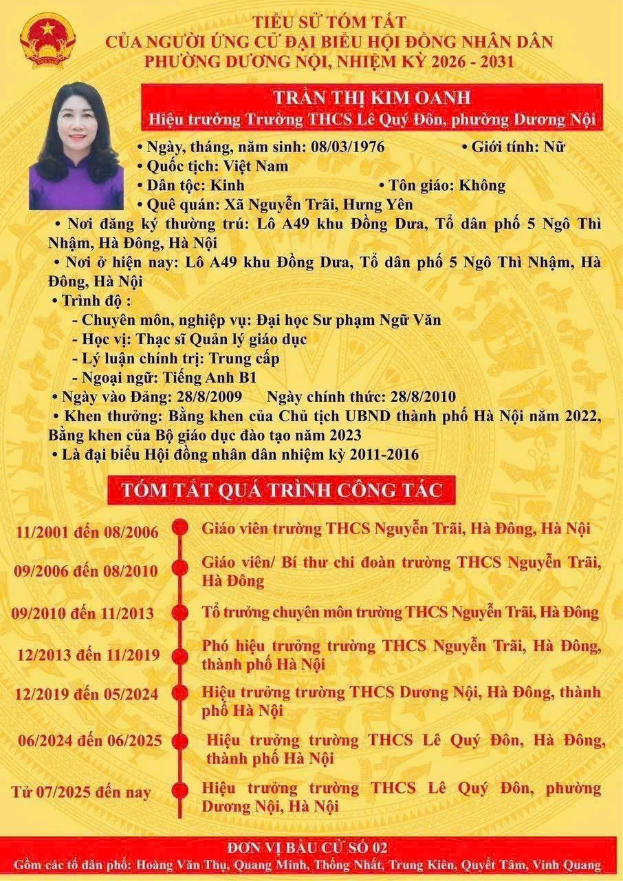 ĐỒNG CHÍ TRẦN THỊ KIM OANH TRÚNG CỬ ĐẠI BIỂU HĐND PHƯỜNG DƯƠNG NỘI NHIỆM KÌ 2026 - 2031