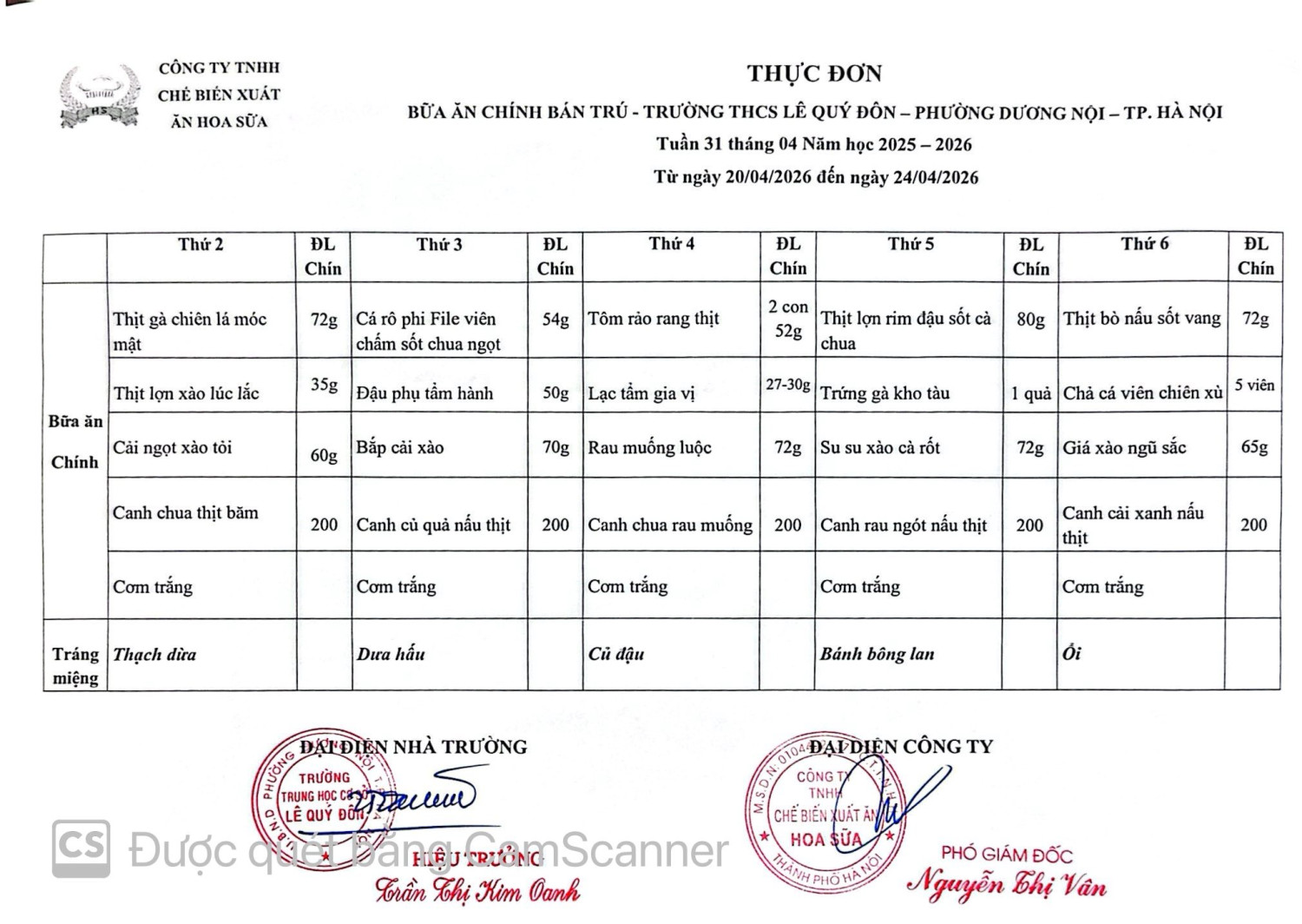THỰC ĐƠN BÁN TRÚ TUẦN 31