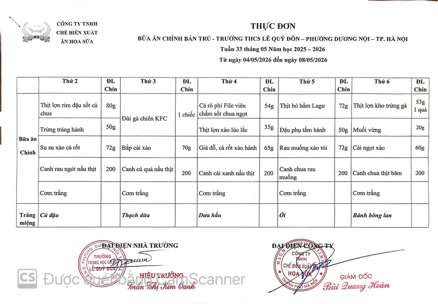 THỰC ĐƠN BÁN TRÚ TUẦN 33